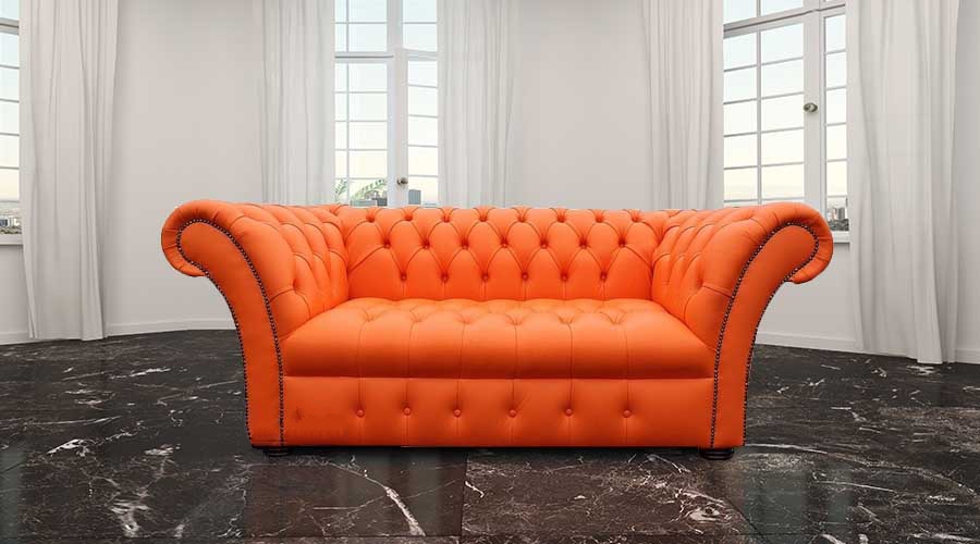 Product photograph of Chesterfield 2 Seater Buttoned Seat Mandarin Orange Leather Sofa Settee In Balmoral Style from Chesterfield Sofas