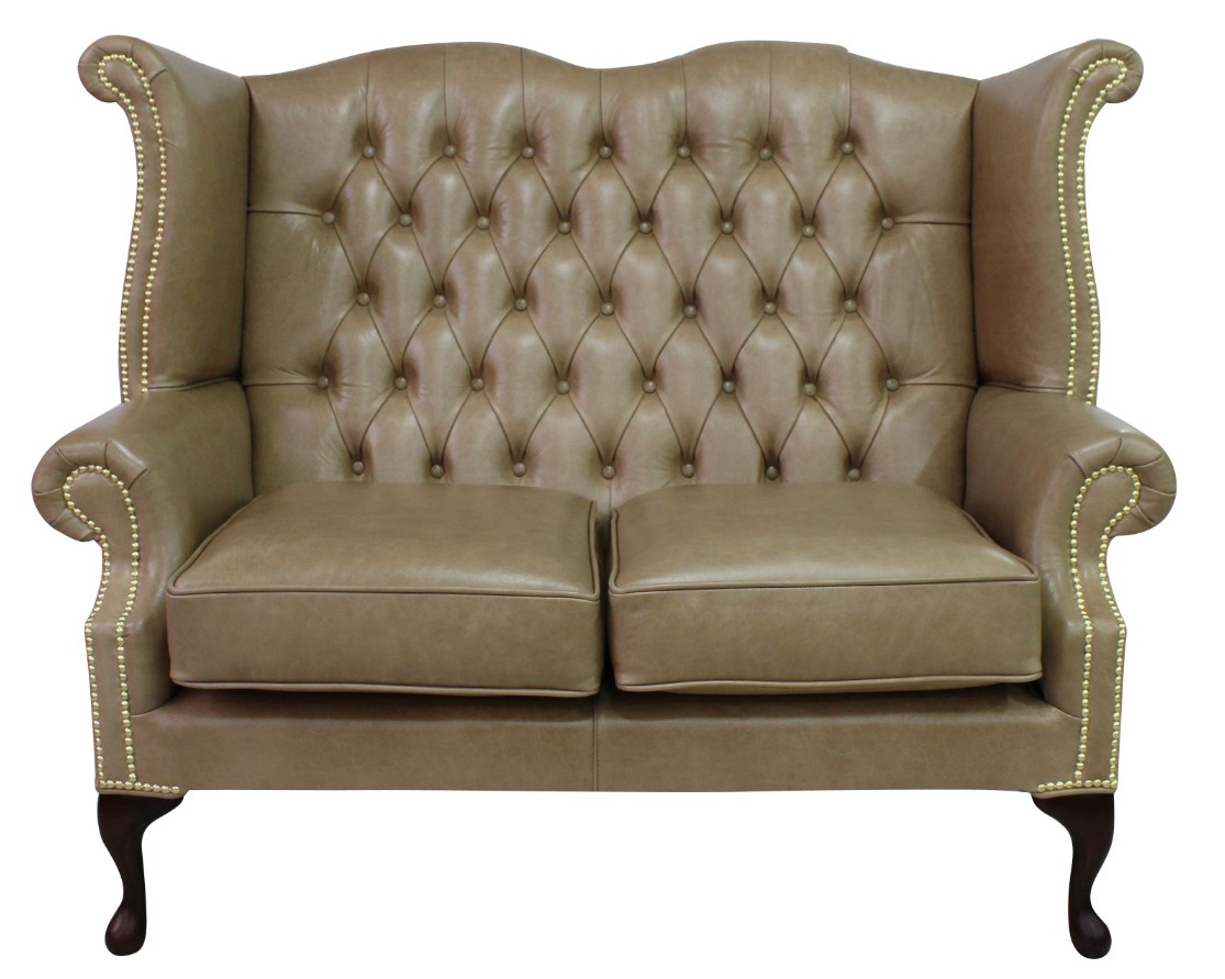 Product photograph of Chesterfield 2 Seater High Back Wing Sofa Old English Parchment Leather In Queen Anne Style from Chesterfield Sofas