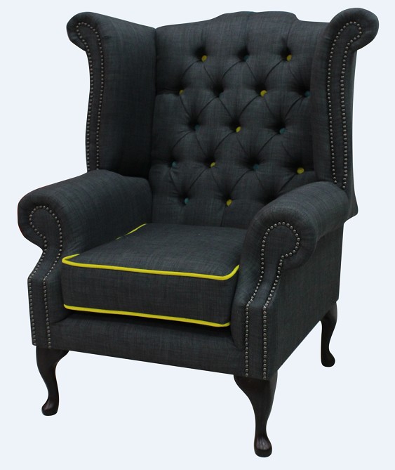 Product photograph of Chesterfield High Back Chair Charles Charcoal Yellow Trim Linen Fabric In Queen Anne Style from Chesterfield Sofas