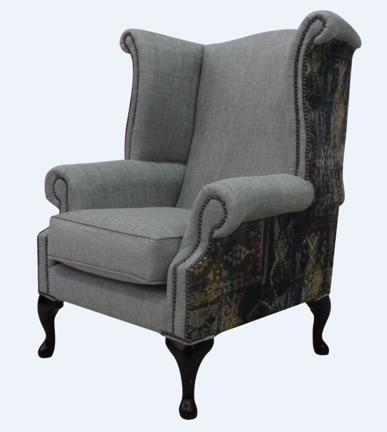 Product photograph of Chesterfield High Back Wing Chair Aztec Hessian Biscuit Fabric In Queen Anne Style from Chesterfield Sofas.