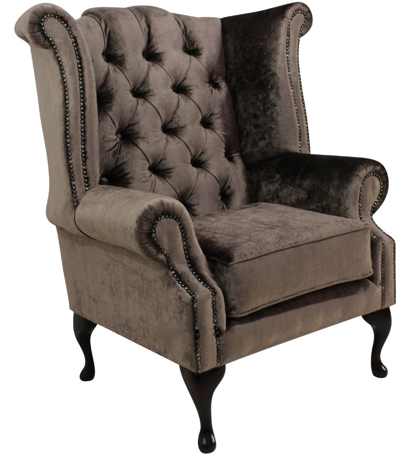 Product photograph of Chesterfield High Back Wing Chair Boutique Sable Velvet Bespoke In Queen Anne Style from Chesterfield Sofas
