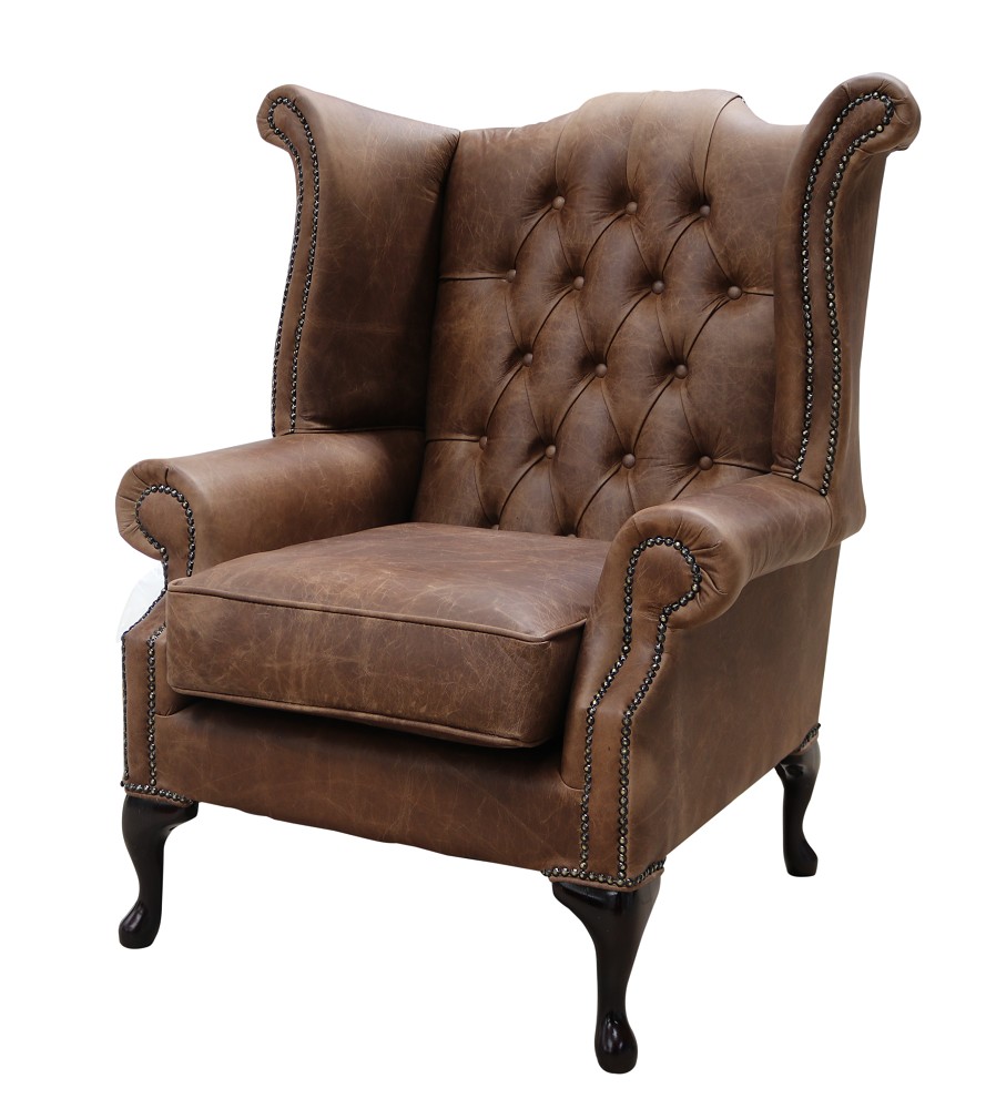 Product photograph of Chesterfield High Back Wing Chair Cracked Wax Tobacco Leather In Queen Anne Style from Chesterfield Sofas.