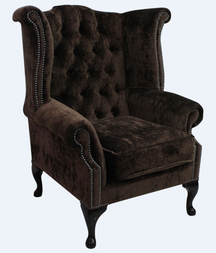 Product photograph of Chesterfield High Back Wing Chair Modena Dark Brown Velvet In Queen Anne Style from Chesterfield Sofas