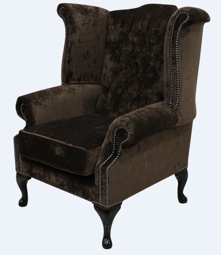 Product photograph of Chesterfield High Back Wing Chair Modena Dark Brown Velvet In Queen Anne Style from Chesterfield Sofas.