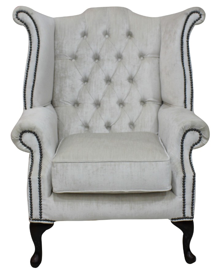 Product photograph of Chesterfield High Back Wing Chair Pastiche Chalk Velvet In Queen Anne Style from Chesterfield Sofas.