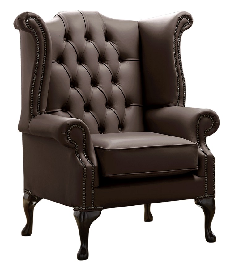 Product photograph of Chesterfield High Back Wing Chair Shelly Dark Chocolate Leather Bespoke In Queen Anne Style from Chesterfield Sofas