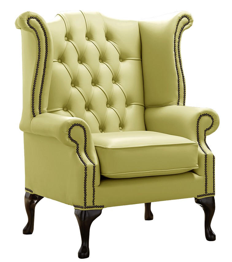 Product photograph of Chesterfield High Back Wing Chair Shelly Field Green Leather Bespoke In Queen Anne Style from Chesterfield Sofas