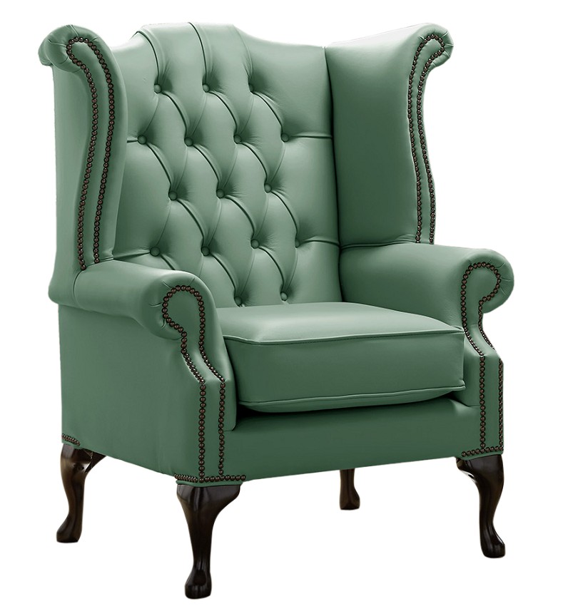 Product photograph of Chesterfield High Back Wing Chair Shelly Jade Green Leather Bespoke In Queen Anne Style from Chesterfield Sofas