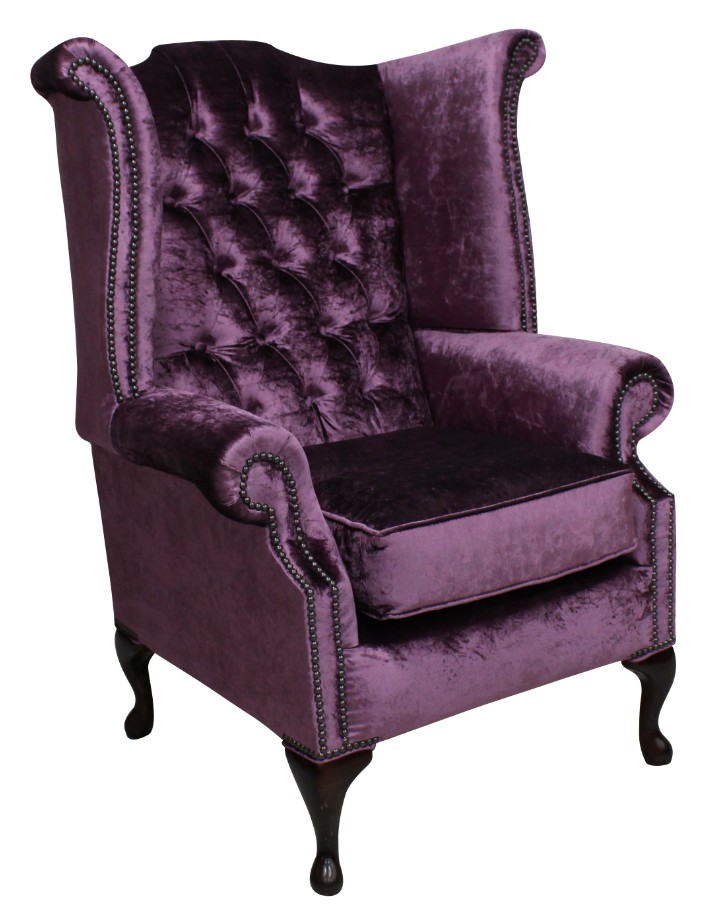 Product photograph of Chesterfield High Back Wing Chair Shimmer Grape Velvet Bespoke In Queen Anne Style from Chesterfield Sofas