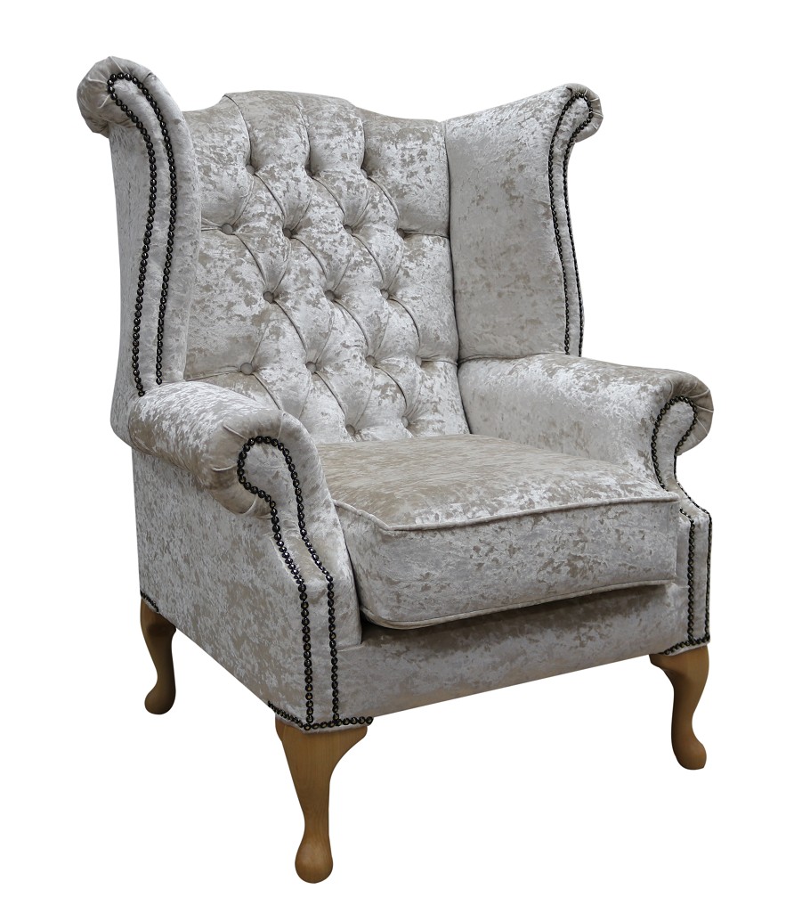 Product photograph of Chesterfield High Back Wing Chair Shimmer Pearl Velvet Bespoke In Queen Anne Style from Chesterfield Sofas
