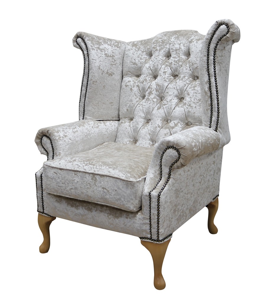 Product photograph of Chesterfield High Back Wing Chair Shimmer Pearl Velvet Bespoke In Queen Anne Style from Chesterfield Sofas.