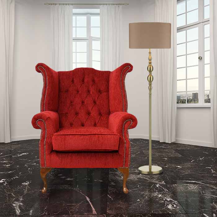 Product photograph of Chesterfield High Back Wing Chair Velluto Tomato Fabric In Queen Anne Style from Chesterfield Sofas.