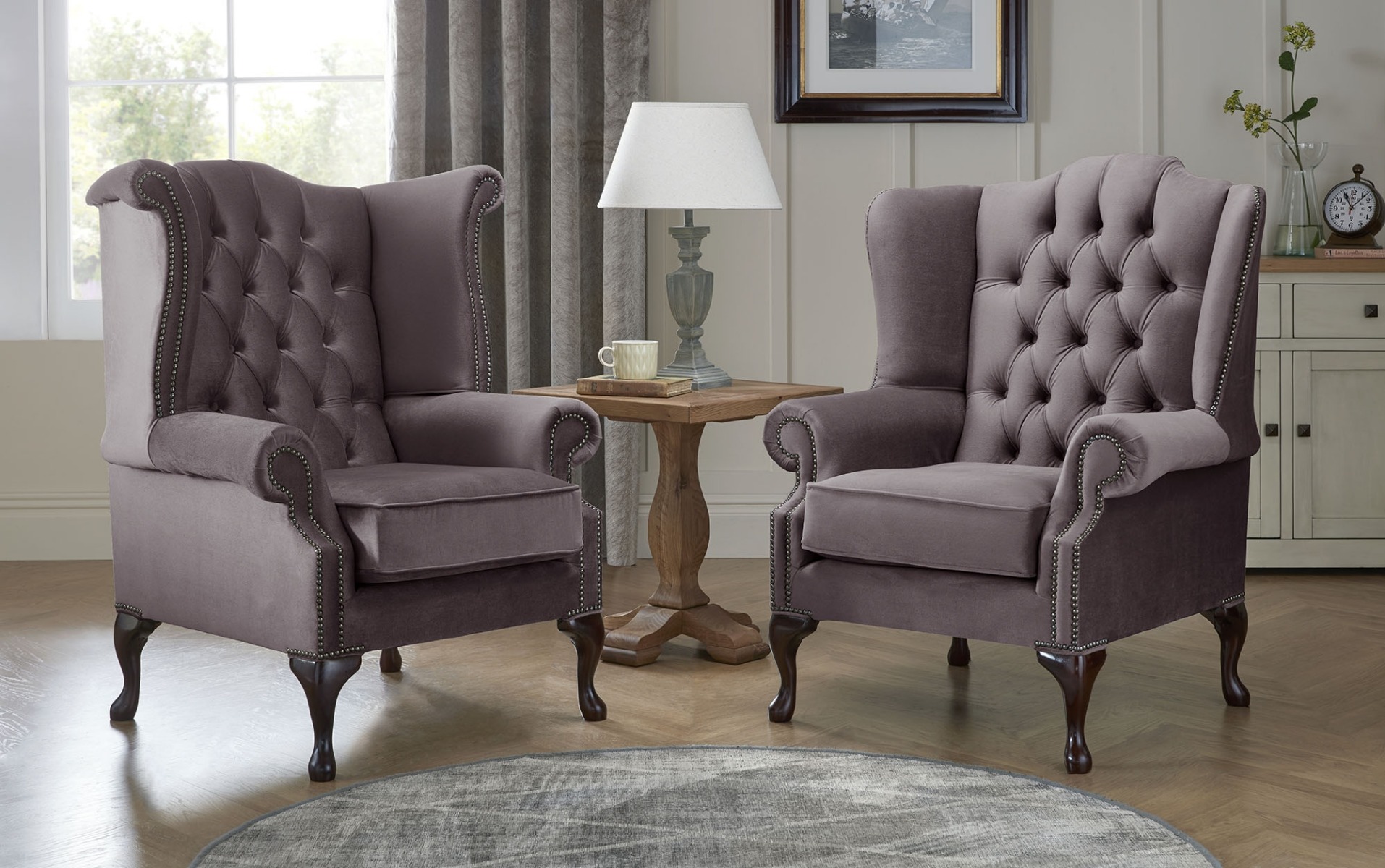 Product photograph of Chesterfield Queen Anne Beatrice Carlton Flat Wing Armchairs Malta Lavender 02 from Chesterfield Sofas