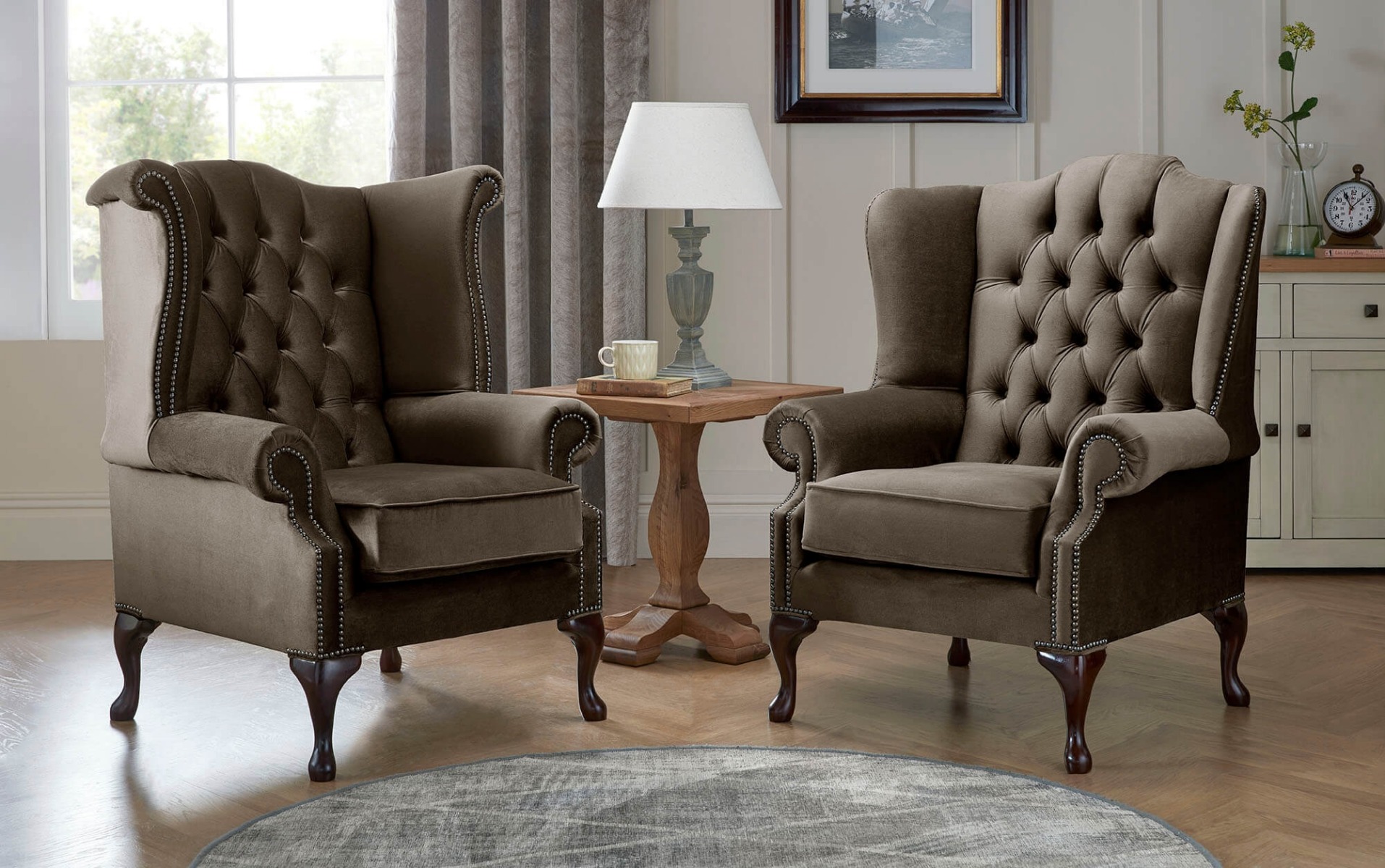 Product photograph of Chesterfield Queen Anne Beatrice Carlton Flat Wing Armchairs Malta Mushroom 07 from Chesterfield Sofas