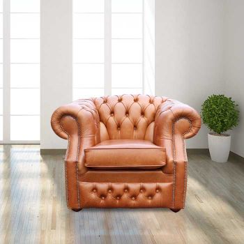Chesterfield Club ArmChair Aniline Old English Tan Leather In Buckingham Style