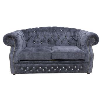 Chesterfield Crystal 2 Seater Velluto Grey Fabric Sofa In Buckingham Style